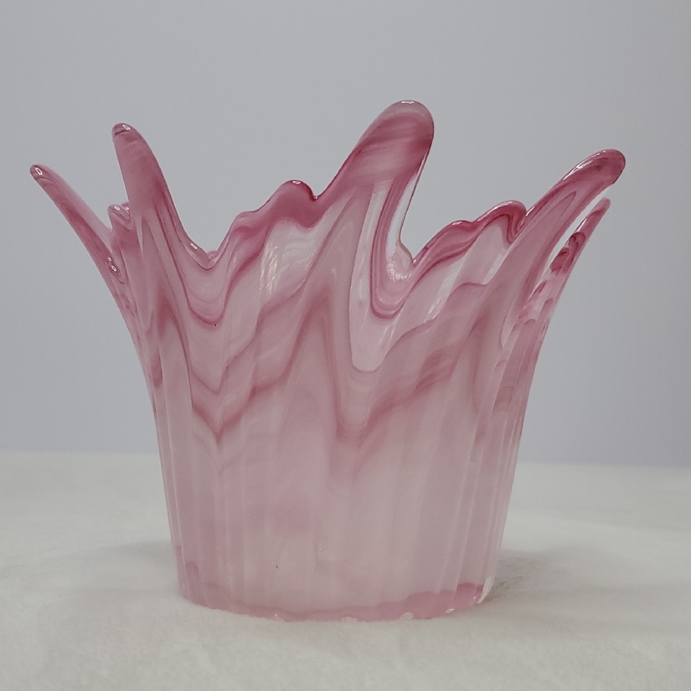 Elegant Pink Blown Glass Ruffled Dish Vase Tulip Flower Shaped Candy Bowl Dish